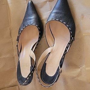 Fendi navy sling back shoes with beige top stitching. Size 37 Navy